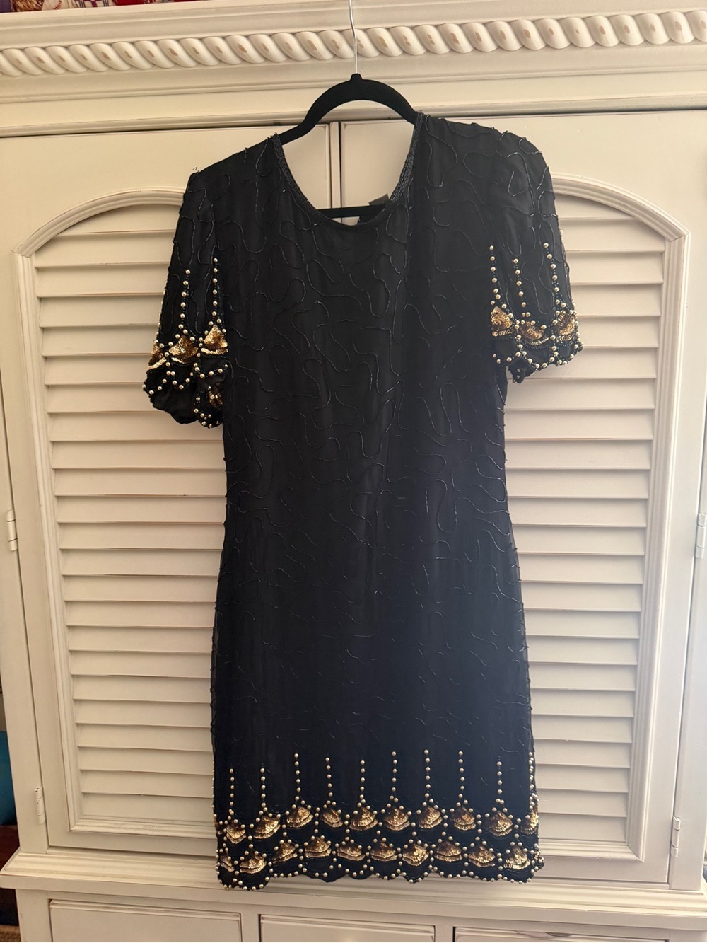 Vintage 90s Stenay silk Black Dress with Gold Bead & Pearl Trim